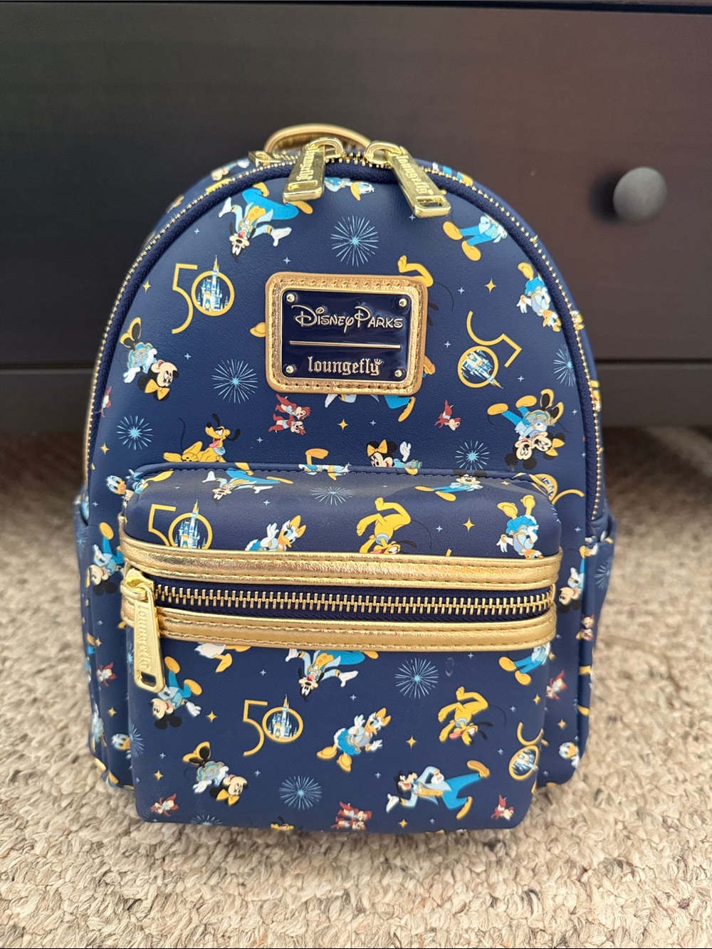 Loungefly Navy and Gold Disney Parks 50th Anniversary Mini Backpack
